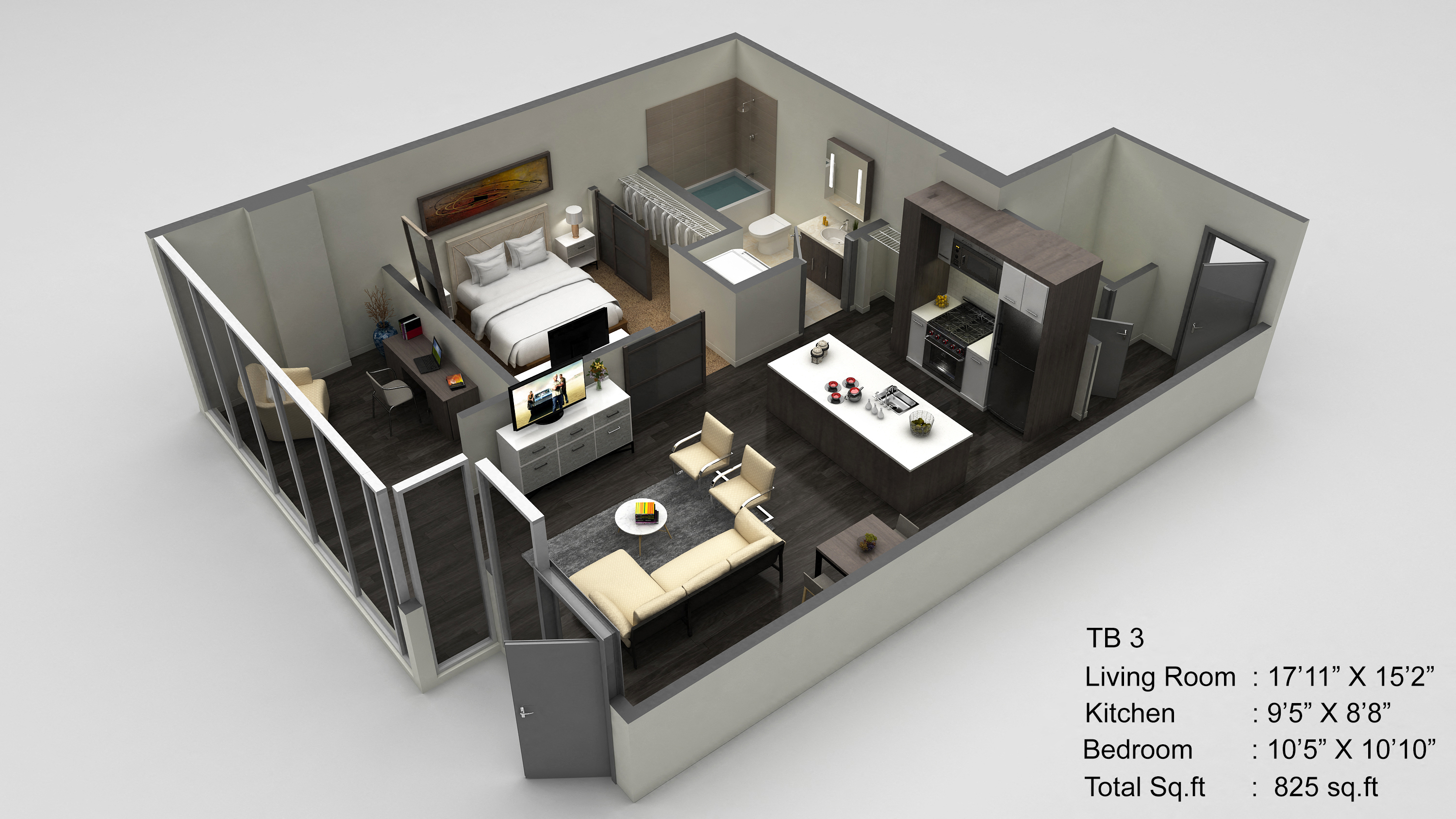 Floor plan for 1 bed, 1 bath, 825 sqft